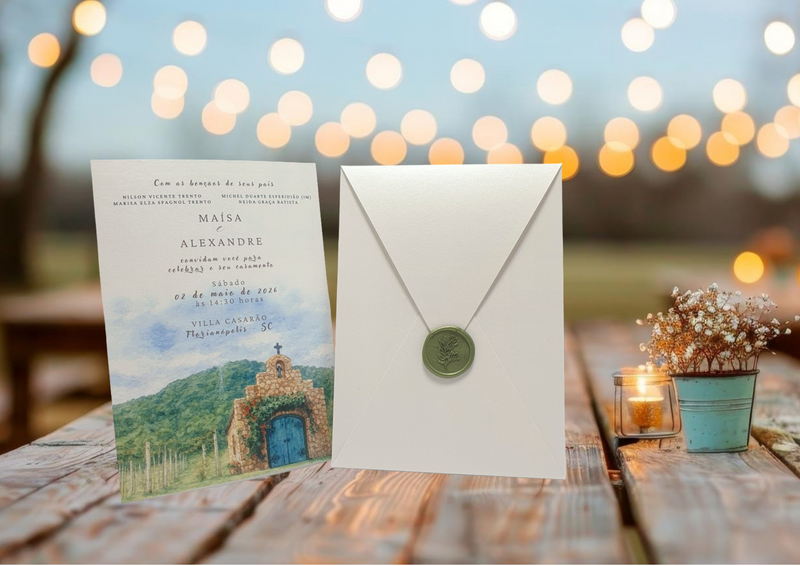 Convite Casamento Papel Branco Perolado com Lacre de Cera