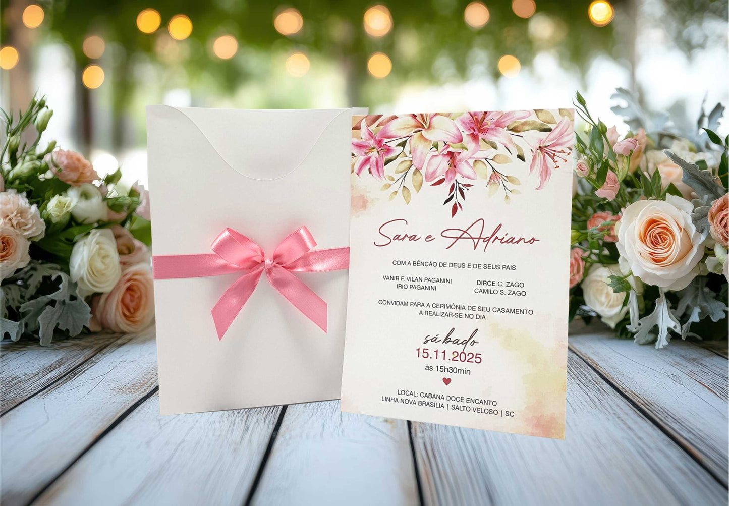 Convite Casamento Branco com Rosa